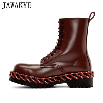 

Newest Thick Platform Chelsea Boots woven rope Bordered Lace Up ankle Boots Women Black Wine Red Leather Motorcycle Boots 2020