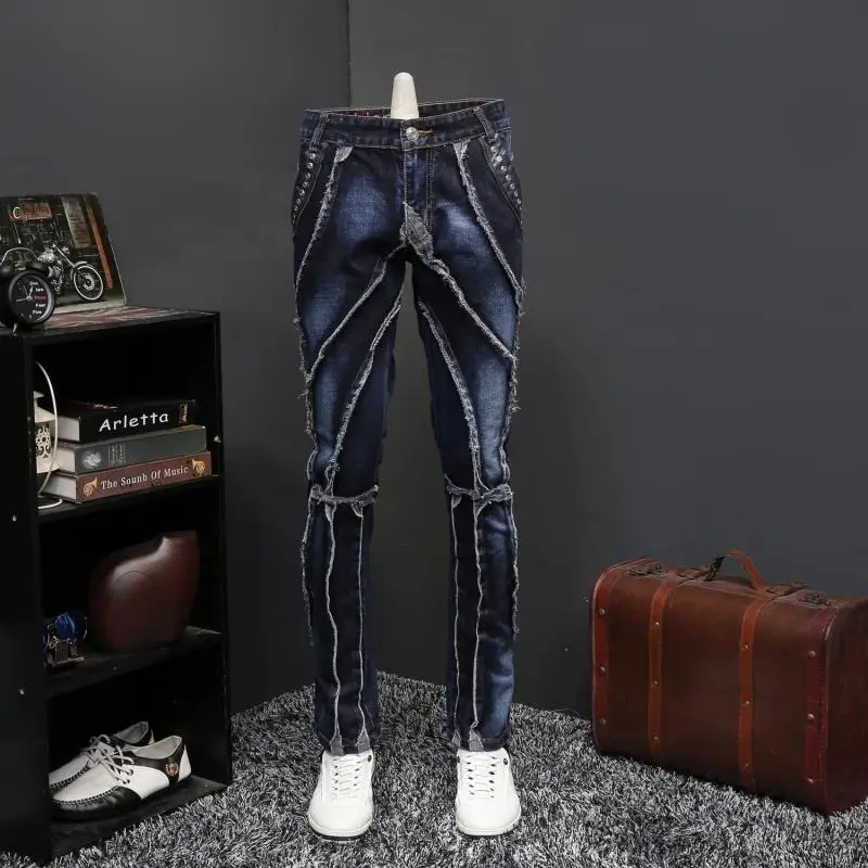 Осенние джинсы мужской личности с хорошей терморегуляцией прямо, канистра длинные брюки на подтяжках темно-синий Брендовая дизайнерская обувь джинсы Erkek Жан Pantolon
