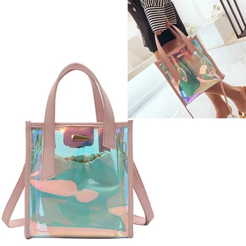 

NEW Women Bucket Bag PVC Shoulder Bag Hologram Laser Handbag Jelly Transparent Totes pink