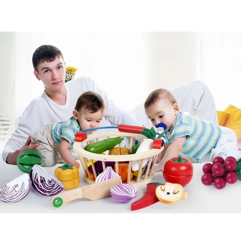 New Magnetic Wooden Fruit Vegetable Combination Cutting Toy Set Children Play Pretend Simulation Round Basket Fruit Kits D101