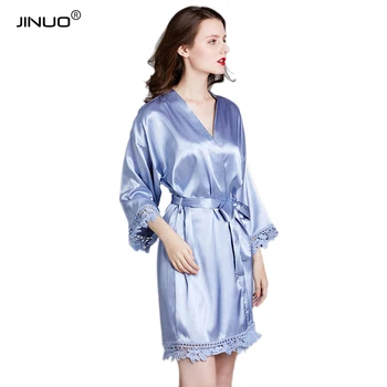 

JINUO Silk Satin Women Nightgowns Satin Lace Sleepwear nightwear Pyjama Women sleepwear female Nightdress Sexy Bathrobe Pajamas