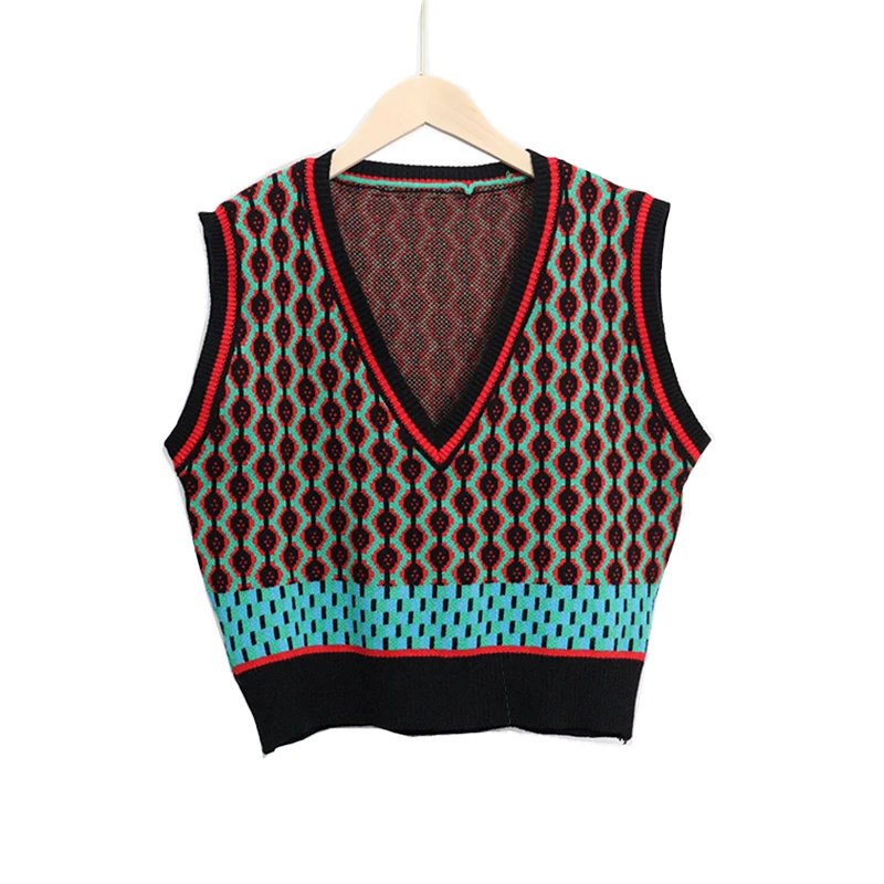 2024 Vintage Argyle Sweater Vest Women Autumn Winter V Neck Pullover Knitted Vest Sleeveless Jecket Gilet Femme