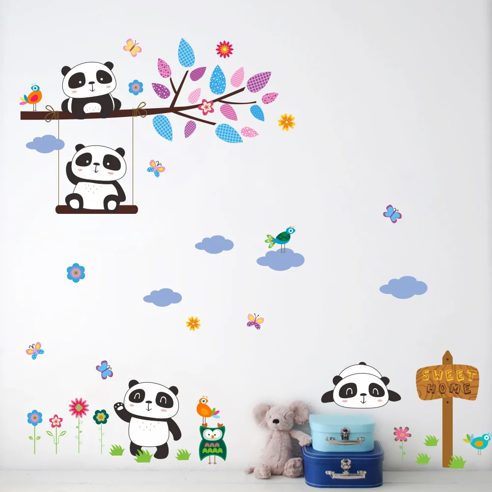 175 New Style Cartoon Panda Branch CHILDREN'S Room Nursery Wall Decoration TV Backdrop Removable Wall Stickers