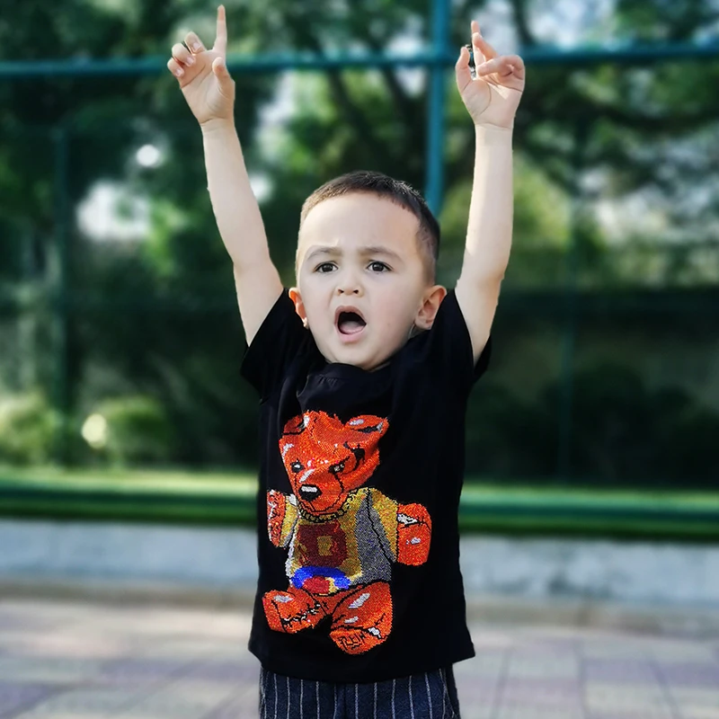 AlexPlein Teddy Bear Стразы 100% хлопок Familily детская одежда модная футболка с коротким рукавом изображением