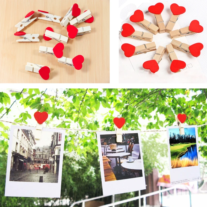 

50pcs Mini Love Heart Shape Wooden Photo Clips with 10M Linen Rope DIY Wood Clothespin Photo Paper Clips Peg Pin Postcard Clips