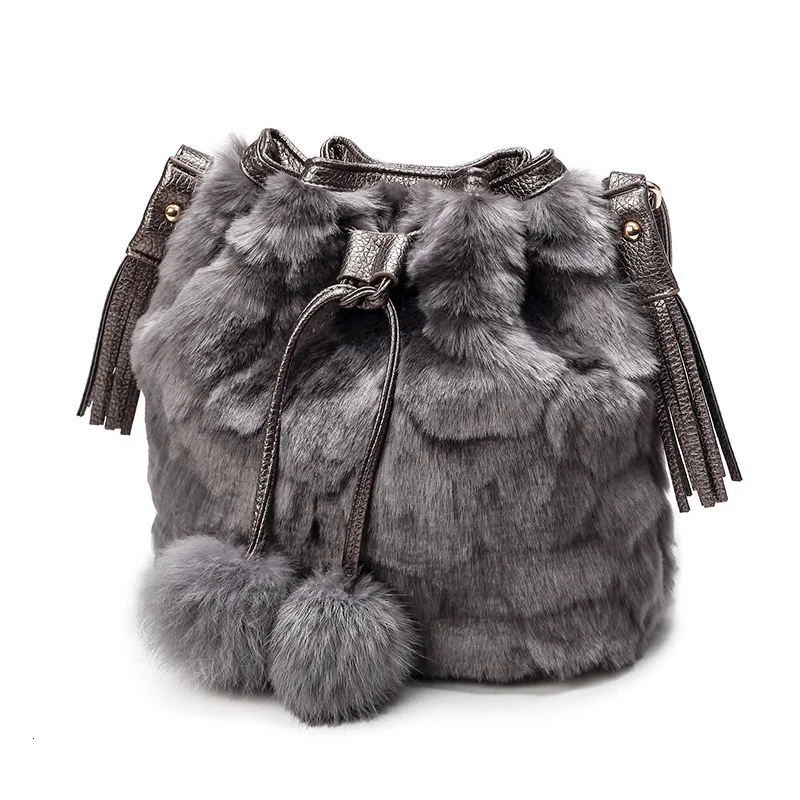 Модная осенне-зимняя женская сумка на плечо, леопардовая плюшевая меховая женская сумка через плечо, женская сумка с кисточками и помпонами, Новинка - Цвет: gray