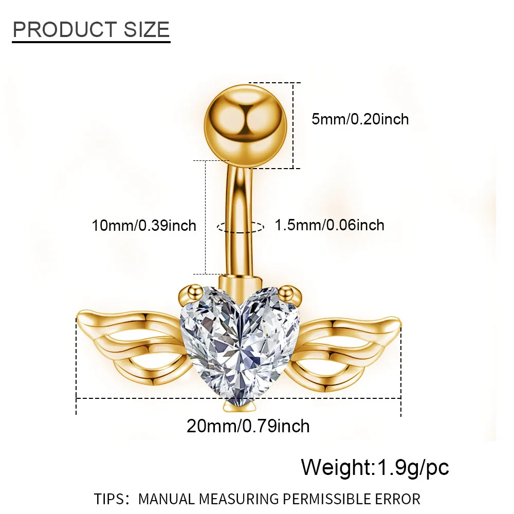 Sexy steel belly button rings, crystal navel, heart-shaped wings, piercing navel earring, belly body piercing jewelry, woman, 1PC