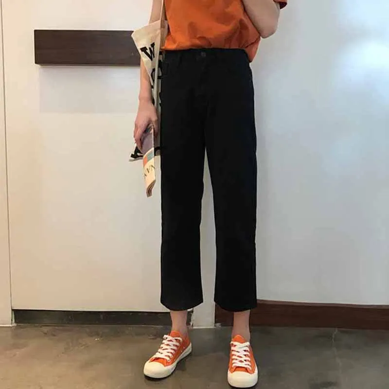 Black High Waist Jeans Women Ankle-length Solid Simple All Match Harajuku Vintage Womens Trousers Korean Fashion Females Pockets - Цвет: black