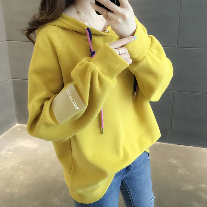 Плюс бархатная толстовка с капюшоном для женщин толстовки Осенние повседневные корейские женские свитшоты зимний теплый пуловер Женский mujer - Цвет: Цвет: желтый