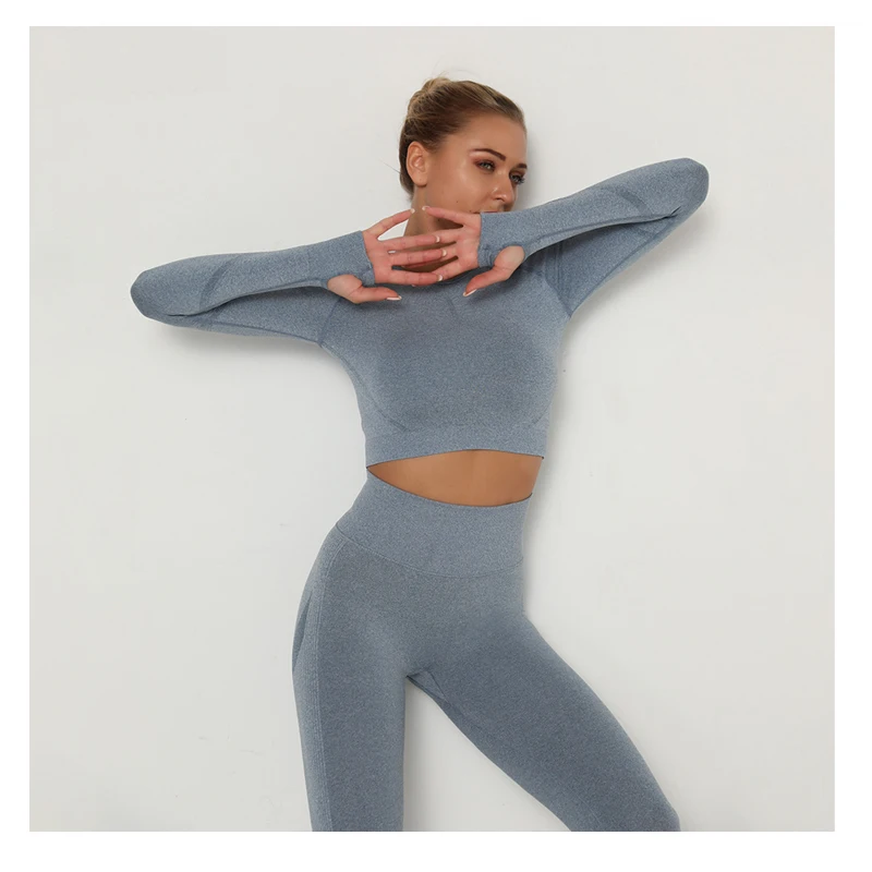 Women Sport Suit Yoga Clothing Set Workout Gym Long Sleeve Fitness Crop Top + High Waist Seamless Energy Workout Leggins