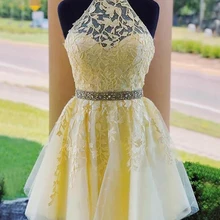 Платья для выпускного вечера/встречи выпускников А-силуэт/принцесса Холтер без рукавов Желтый Тюль с бисером/Аппликации/Sahses