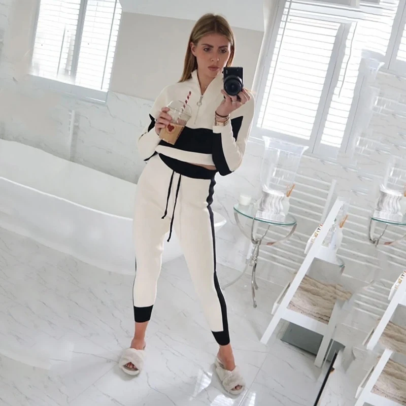 

BWB1998 Color Matching Autumn Zipper Stand-up Collar Fashion Women Hoodie Streetwear+trousers Casual Pants Women Two Piece Set