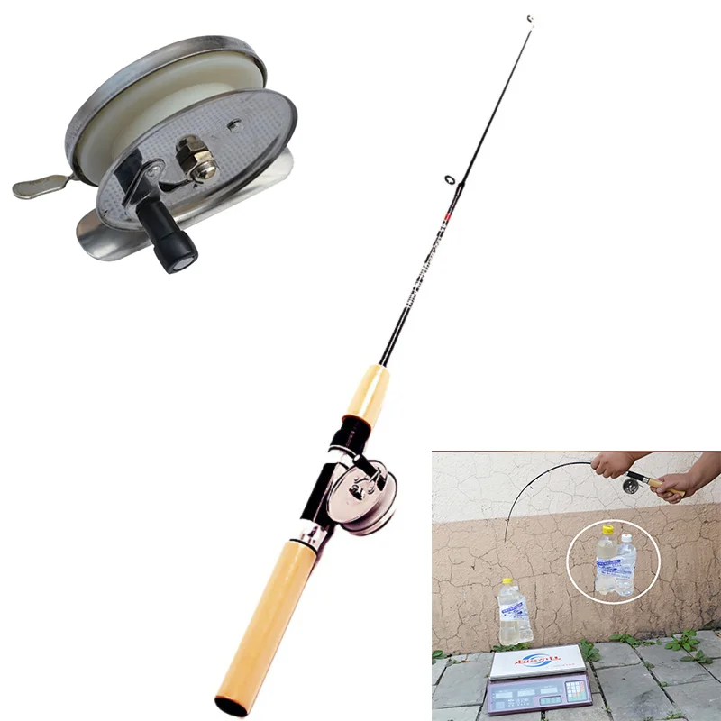 

Winter Mini Flexible Ice Fishing Rod Elastic Carbon Bait Casting Rod Anti Slip Wood Color Handle Metal Fishing Reels