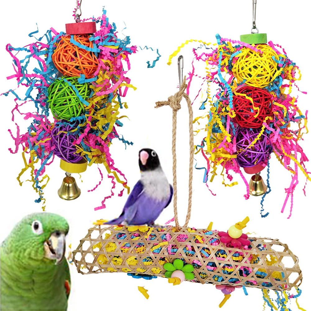 3Pcs/Set Parrot Biting Toy Brushed Rattan Ball String Pull Made in Paper Colorful with One Egg Roll Two Sepak Takraw fast sent | Дом и сад