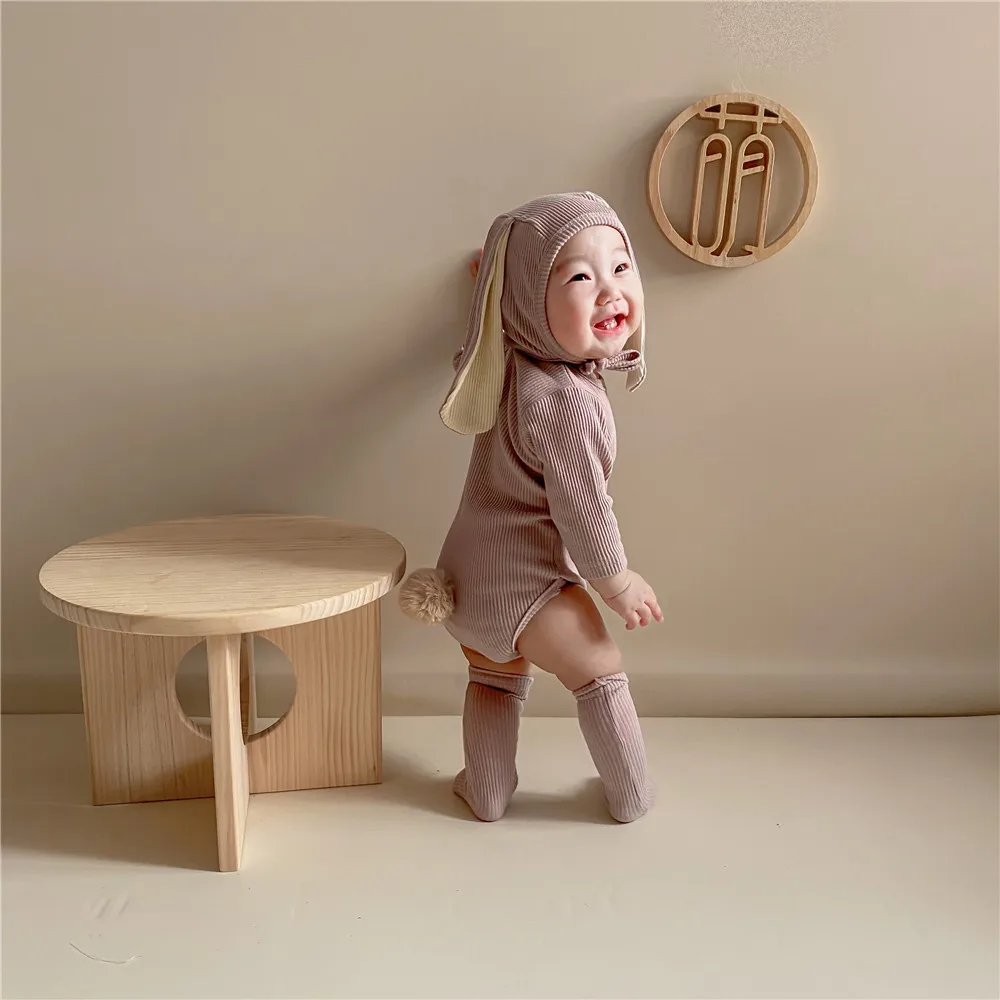 4PCS Summer Infant Newborn Baby Boys Girls Bodysuits Cute Bunny Ear Bodysuits Hat and Cocks Baby Clothes Jumpsuit Outfits 3