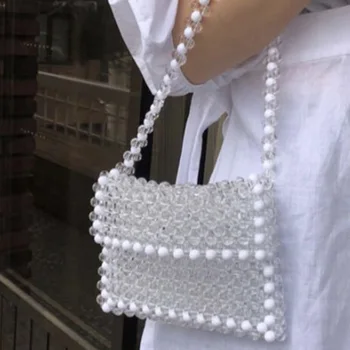 

2020 Transparent Acrylic Pearl Solid Bead Mixed Woven Double Belt Female Lovely Handbag