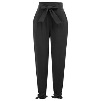 

New Women Elastic High Waisted Casual Tie Belt Pants Cropped OL Capri Trousers