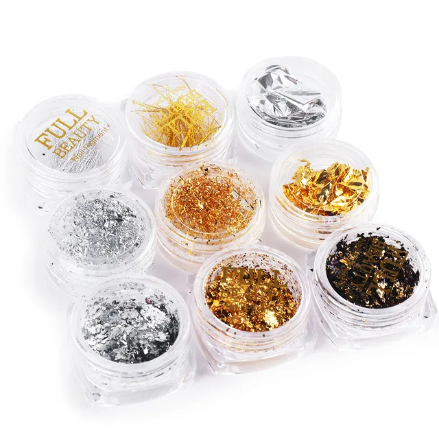 8Types of Platinum Shredded Tin Foil Nail Art Glitter Sequins Gold Silver Platinum Shredded Paper Foil Nail Art Deco Jewelry 9 bottles