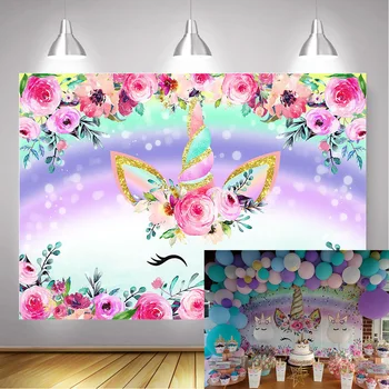 

Unicorn Party Decoration Backdrop Rainbow Watercolor Flowers Photography Kids Birthday Background Newborn Baby Shower Photocall