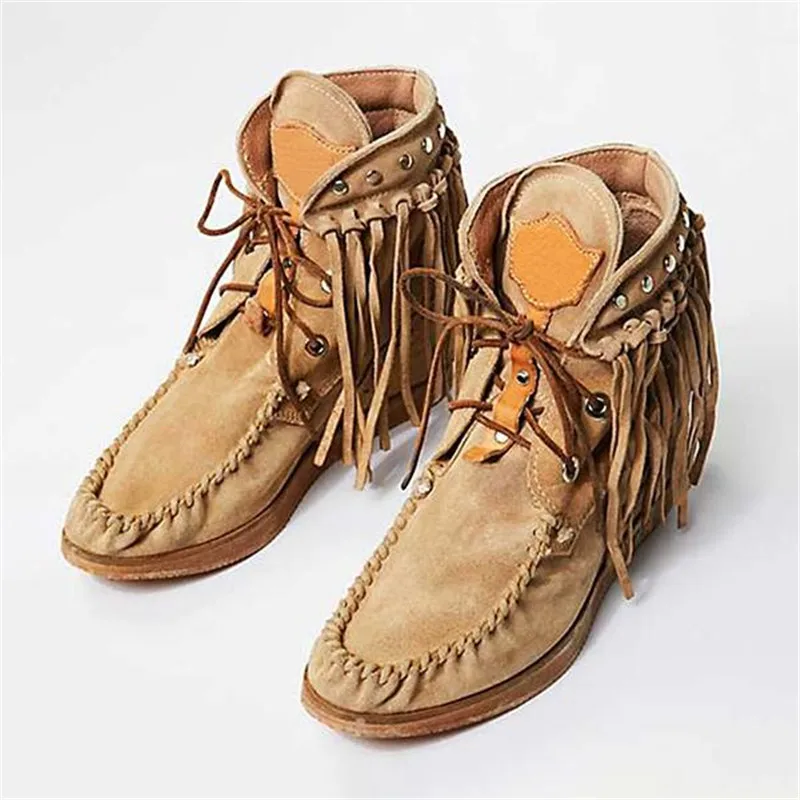 Г. Осенние женские ботильоны матовые сапоги-трубы с бахромой в британском стиле, ботинки в стиле бохо на шнуровке Женская Ковбойская обувь на плоской подошве