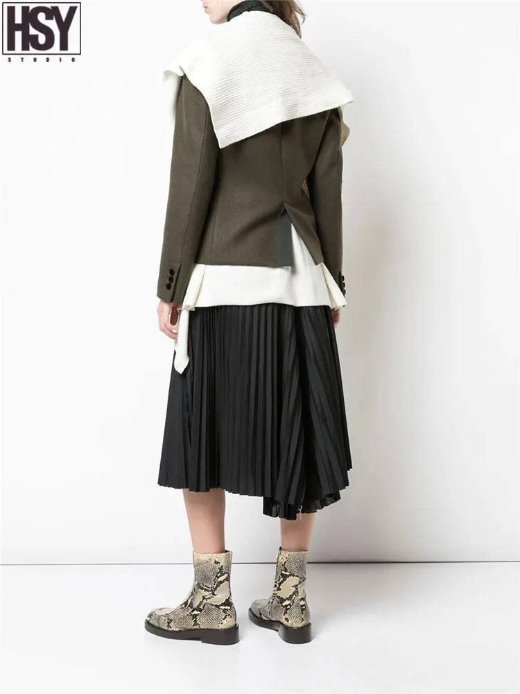 【HSY】 культовый дизайн уличная Женская куртка необычный вязаный шарф шаль Лоскутная Выцветшая из двух частей шерстяная короткая куртка