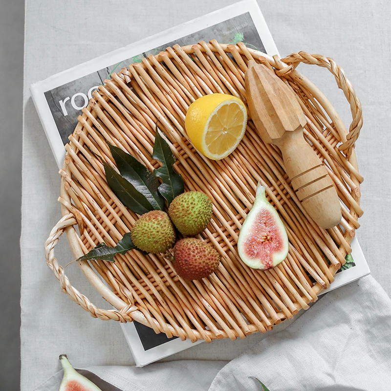 Rattan Storage Tray Dinner Coffee Breakfast Serving Bread Tray Round Rectangle Hand-Woven Food Basket with Handle Home Decor