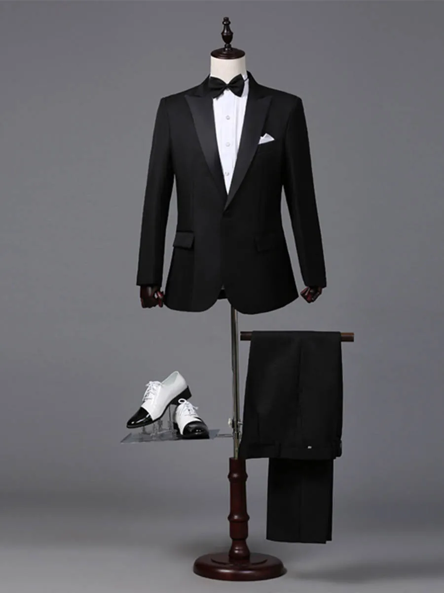 Dressv Black Elegant Men's Suit One Button Business Slim Casual Jacket+Pants Two Pieces Groom Suits For Wedding - Цвет: Черный