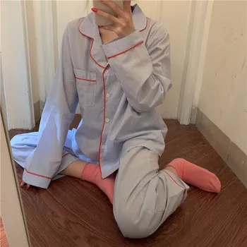 

Photo Shoot 2020 Autumn New Style Stripes Pajamas Female Korean-style INS Casual Loose Long Sleeve Tracksuit Women Two-Piece Set