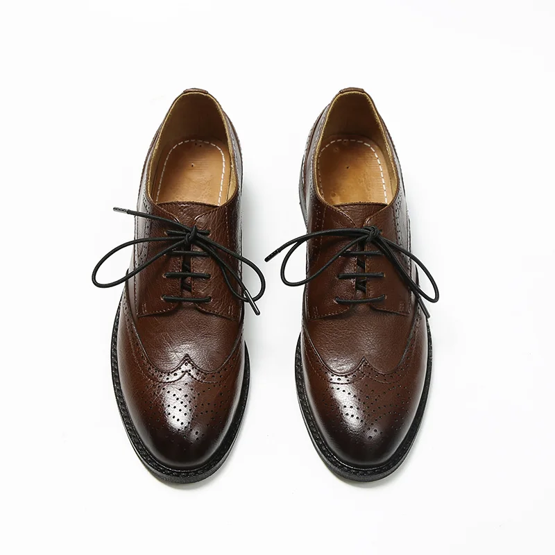 MORDOAN Oxfords Women Calfskin Genuine Leather Lace-Up Ladies Brogue Flat Shoes Derby Shoes Retro Brock Women's