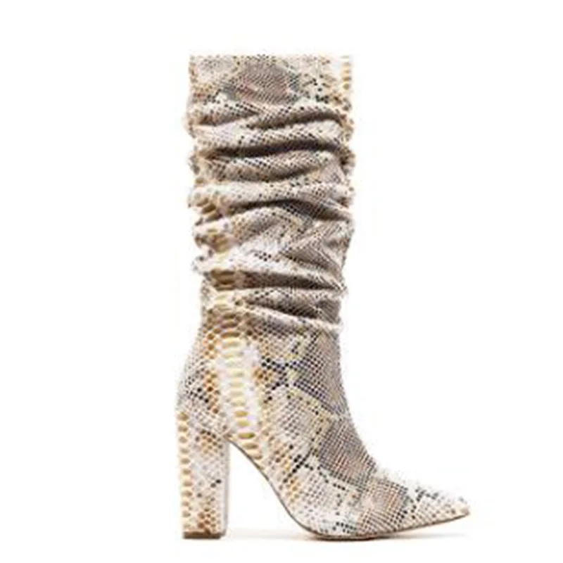 WETKISS/Сапоги до середины голени женские сапоги на высоком каблуке Женская красочная змея кожа pu обувь женская обувь с острым носком для вечеринок зима