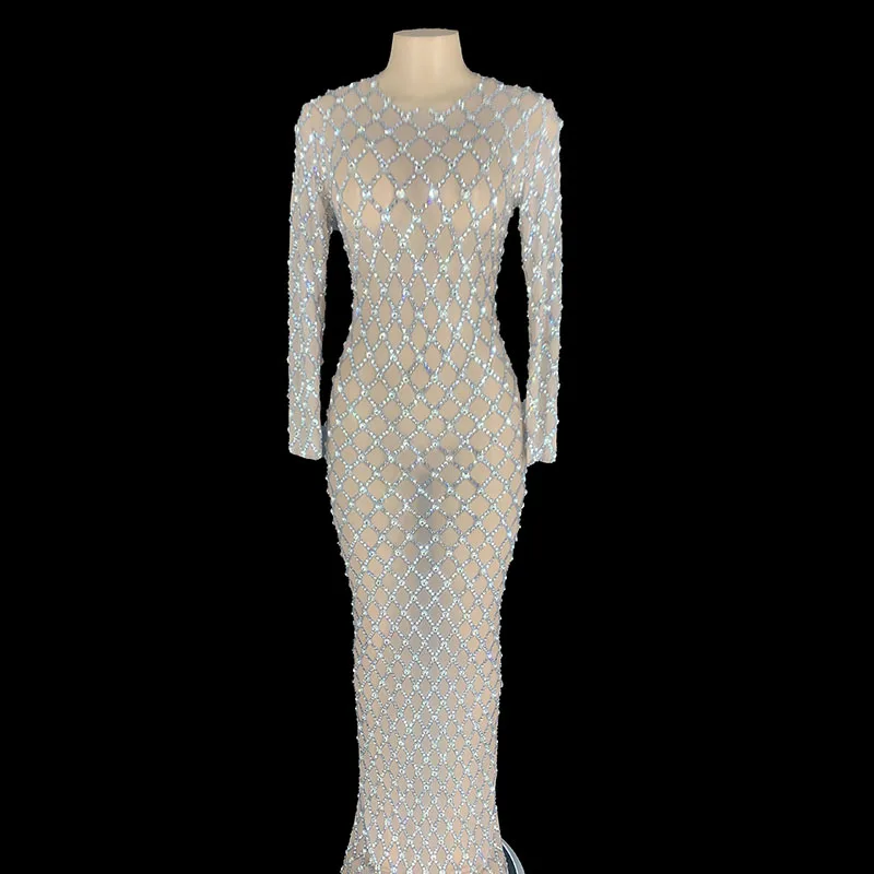 

Сверкающее серебряное Стразы, прозрачное Сетчатое длинное платье, женская одежда для празднования дня рождения, бара, танцев