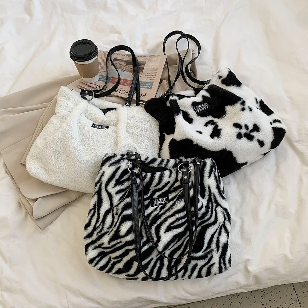 Vintage Plush Printing Women Large Capacity Shoulder Bags Fashion Zebra Cow Pattern Female Autumn Winter Casual Shoulder Handbag