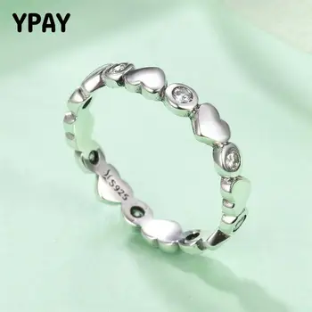 

YPAY Luxury Love Heart Stackable Rings for Women Female Real 925 Sterling Silver Zircon Finger Ring Promise Fine Jewelry YMR197