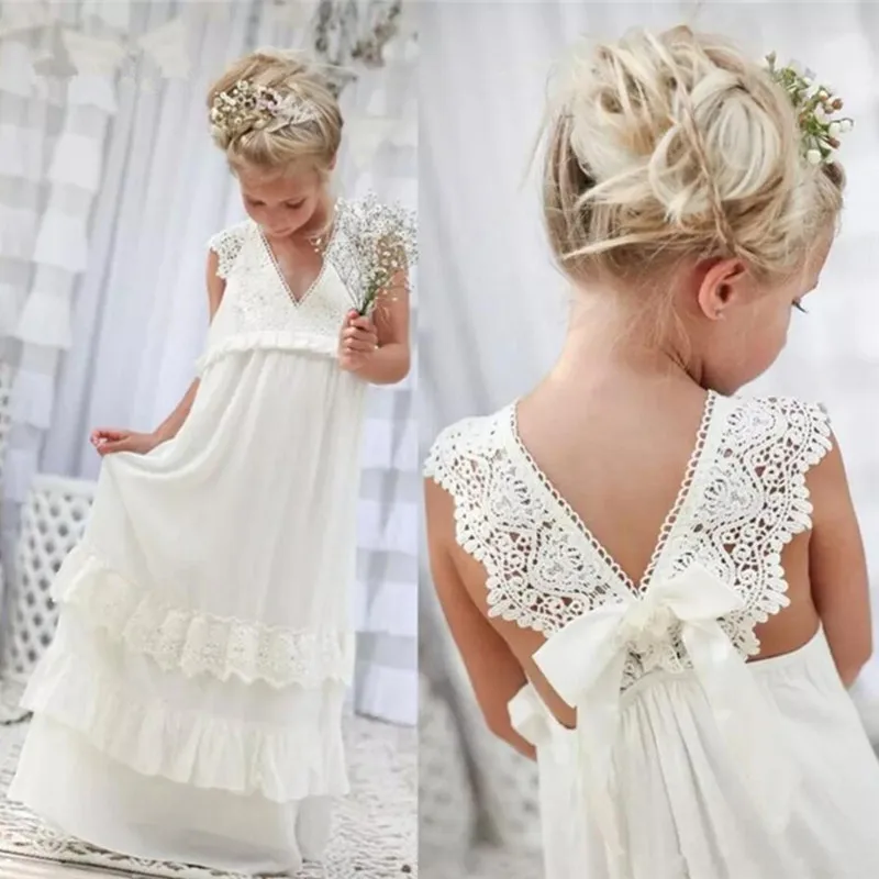 2020134 New Boho Long Flower Girls Dresses For Weddings V Neck Lace Applique Little Girls Dress Special Occasion for Girls