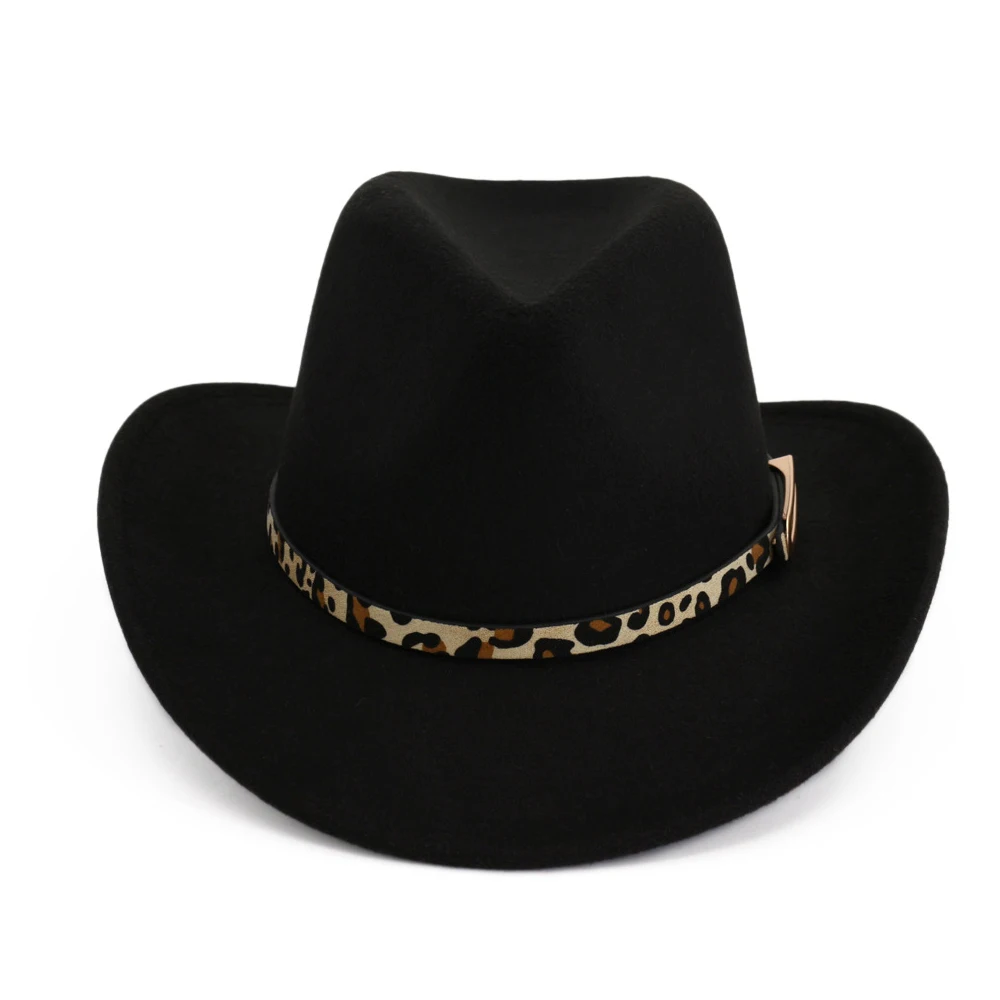 Fashion Men Women Wool Western Cowboy Hat With Belt Wide Brim Jazz Hat Sombrero Hombre Hat Church Hat - Цвет: Black