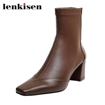 

Lenkisen genuine leather square toe high heel Chelsea boots classic style winter keep warm beauty lady dating ankle boots L07