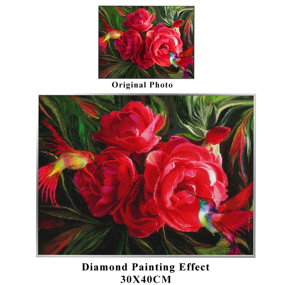 AZQSD Diamond Embroidery Red Flowers Handmade Picture Of Rhinestones Diamond Painting Birds Cross Stitch Wall Decor Diy 5d