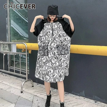 

CHICEVER Patchwork Print Hit Color Dress Women Hooded Short Sleeve Pocket Oversize Loose Midi Dresses 2020 Summer Fashion New