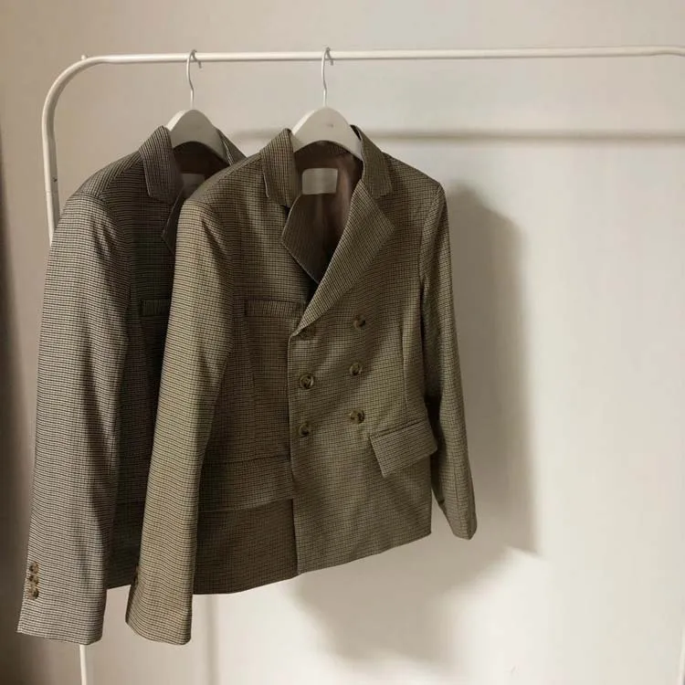 Классическая клетчатая двубортная Женская Куртка Блейзер с зубчатым воротником женские костюмы пальто Харадзюку верхняя одежда DF587