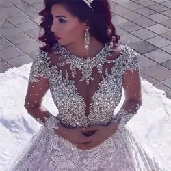Custom Made Empire Big Train Lace Crystal Beaded Diamond Luxury Vintage Muslim Wedding Dresses 2022 New  Gown