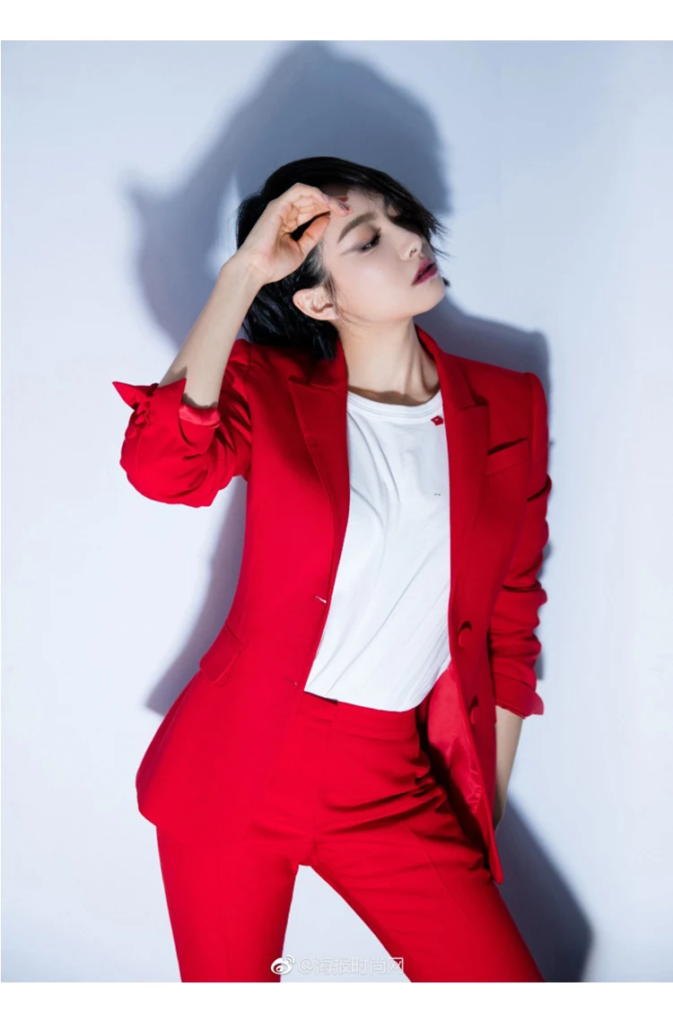 Женский офисный Женский комплект из двух предметов, однотонный Красный Элегантный однобортный пиджак с отложным воротником и длинные брюки