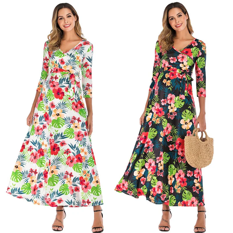 

6017 Europe And America WOMEN'S Dress Cross Deep V-neck Belt Waist Hugging Three-quarter-length Sleeve Mopping Pregnant Women On