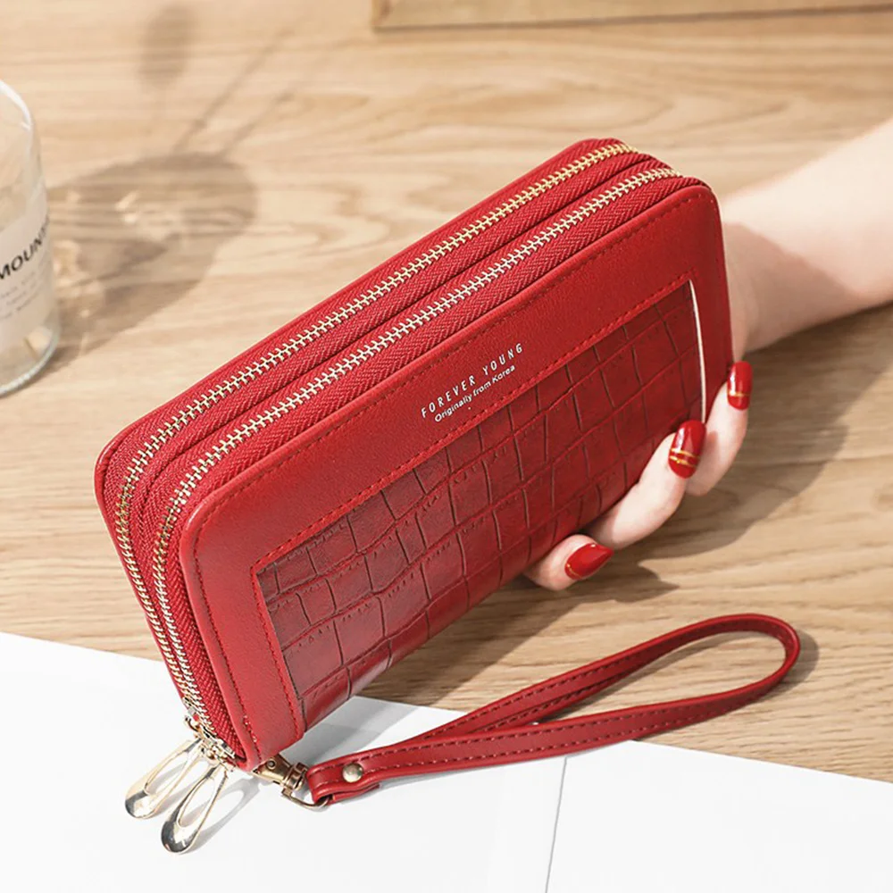 

Hot New Lady Wallet Long Zipper Korean Student Stone Pattern Purse Large Capacity Clutch Soft wallet Women Mobile Phone Bag Red