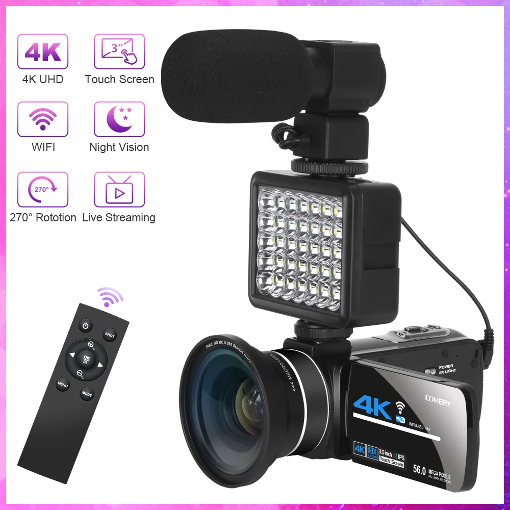 

KOMERY Video Camera for Amateur Vlogging Youtube Camcorder WiFi IR Night Vision 4K 56MP 3.0Inch 16X Digital Zoom Recorder Camera
