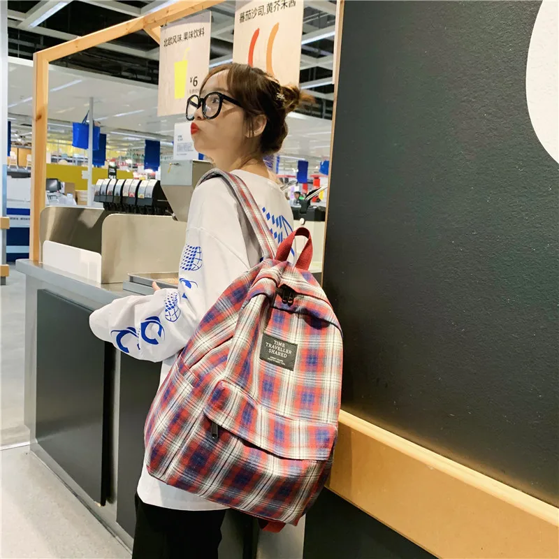 Fashion Plaid Canvas Women Backpack College Student Backpack Teenage Girl School Bags Large Capacity Waterproof Travel Rucksack