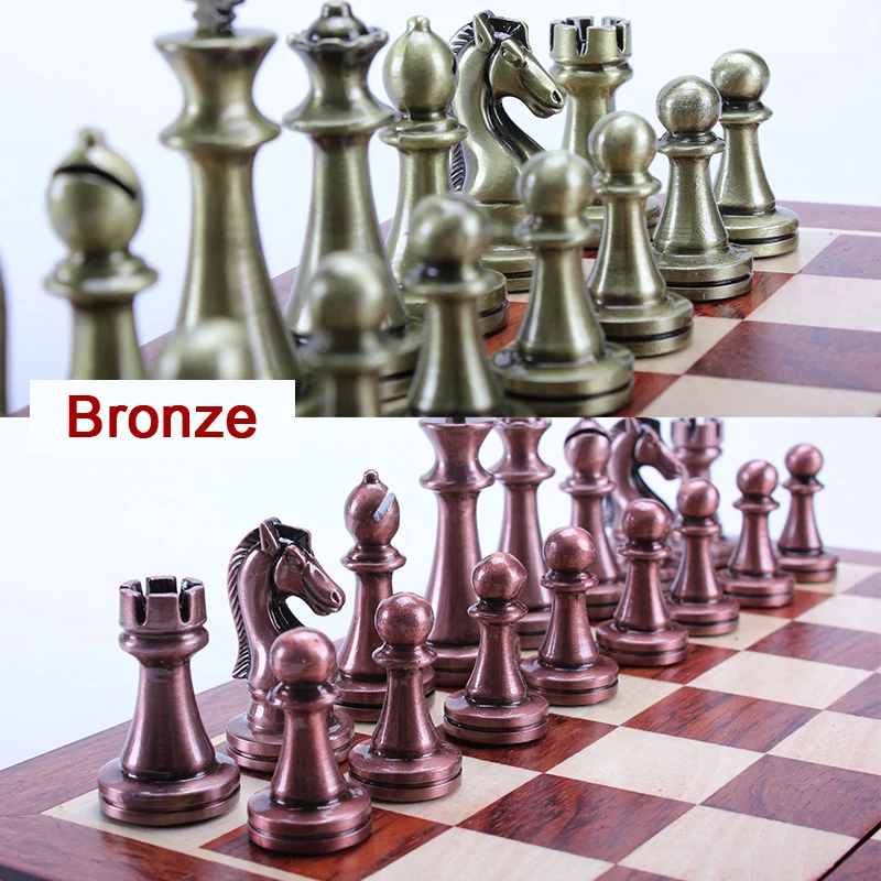 Classic Zinc Alloy Chess Pieces wood grain board Chess Game Outdoor leisure entertainment golden High Quality the qenueson