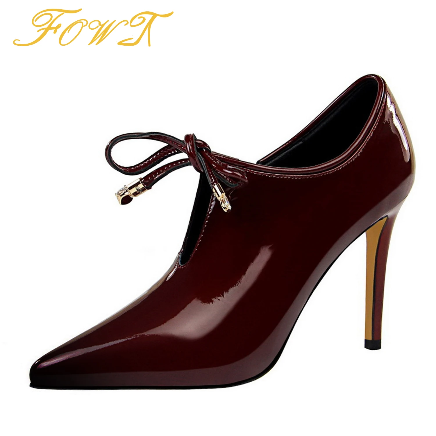 

High Stiletto Heels V-Mouth British Style Bow-Knot Women Boots Patent Leather Pointed Toe Zipper Lady Ankle Booties 42 43 Shoes