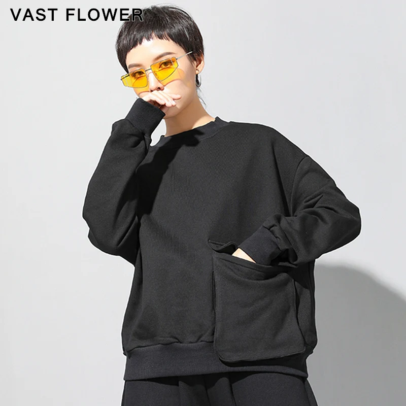 

Women Big Pocket Black Long Sleeve T-Shirt Loose Casual Tee Tshirt Femme Tops Spring Autumn Clothes Fashion Streetwear 2021
