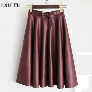 

LXMSTH 4xl 5XL Women Plus Size Faux Leather Skirts Ladies Autumn Winter Casual Loose A Line pu leather skirt with sashes Red