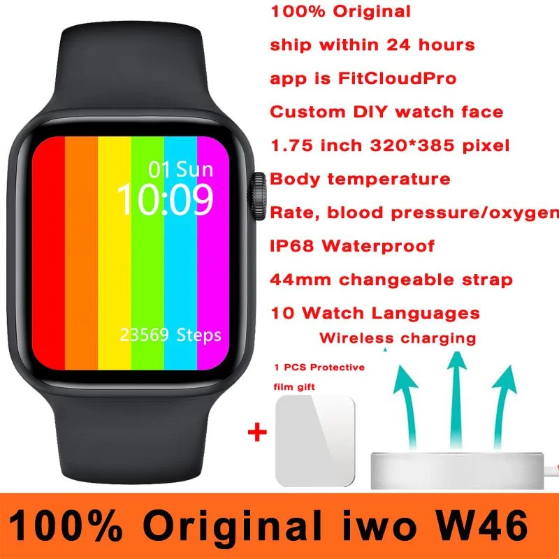Iwo-reloj inteligente W46 100% para hombre, dispositivo resistente al agua IP68, con control del ritmo cardíaco y de la temperatura corporal, carga inalámbrica, 44MM y 40MM, Original
